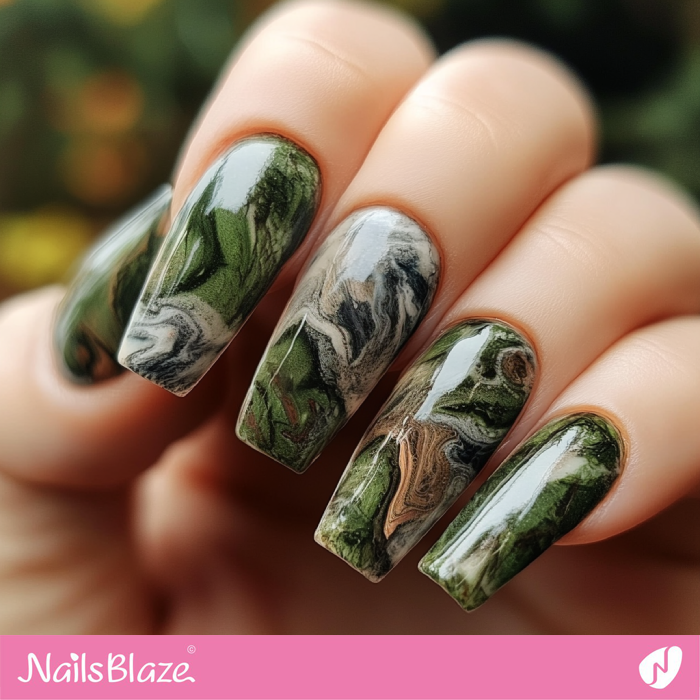 Gray and Green Marble Nails with Cinnamon Details | Cinnamon Nails - NB6122