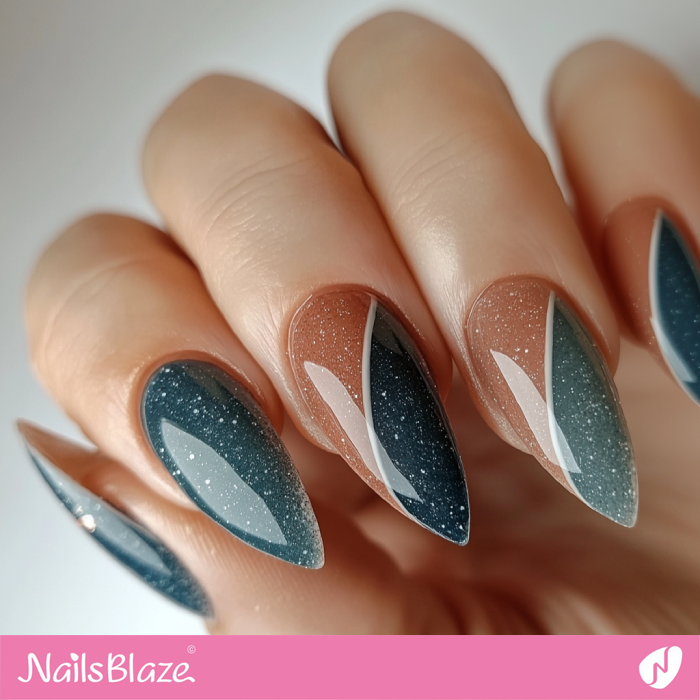 Shimmer Design Cinnamon and Blue Almond Nails | Cinnamon Nails - NB6136