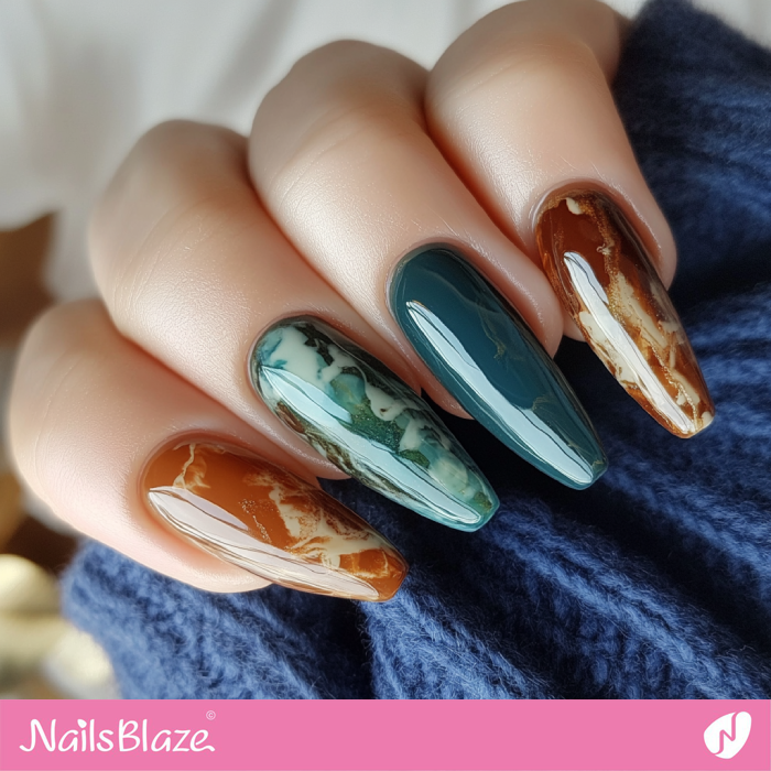 Blue Green and Cinnamon Marble Nails | Cinnamon Nails - NB6138