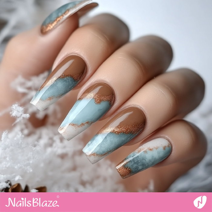 Cinnamon and Blue Color Blocking Nails Design | Cinnamon Nails - NB6124