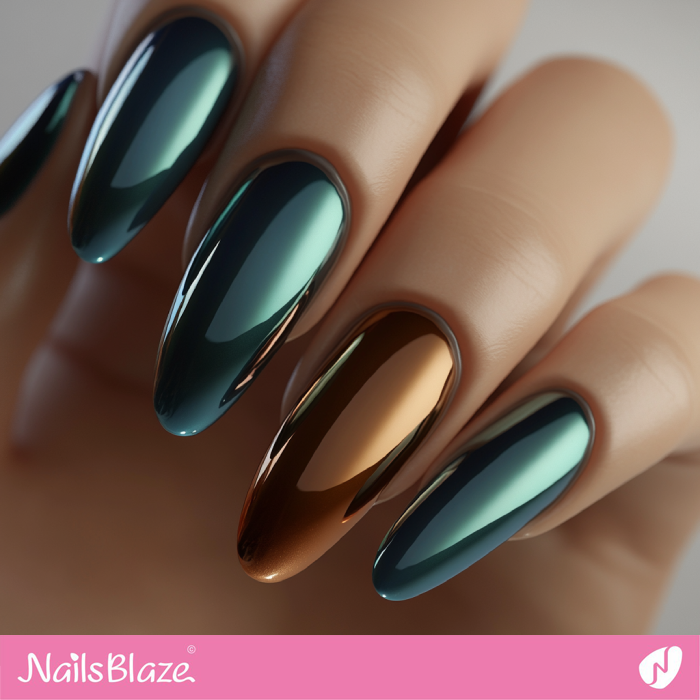 Cinnamon and Blue Green Chrome Nails | Cinnamon Nails - NB6126