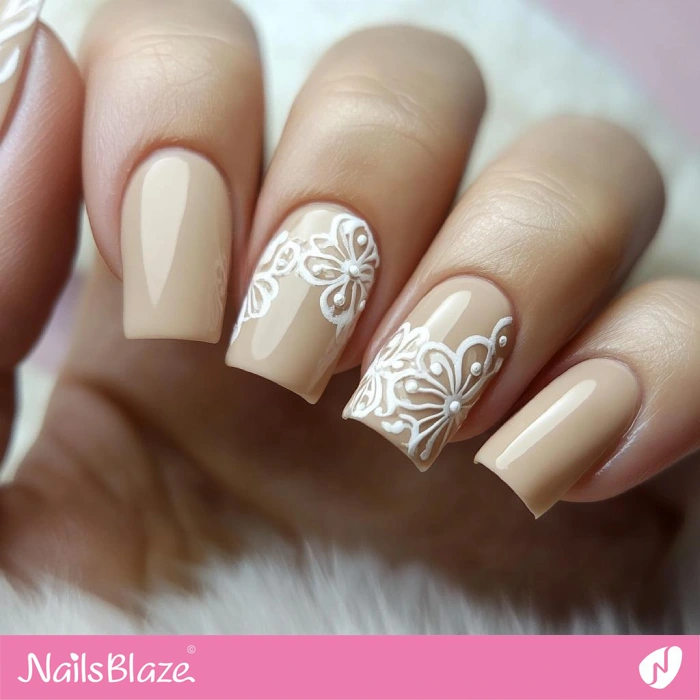 Neutral Nails with White Flowers | Classic Nails - NB5549