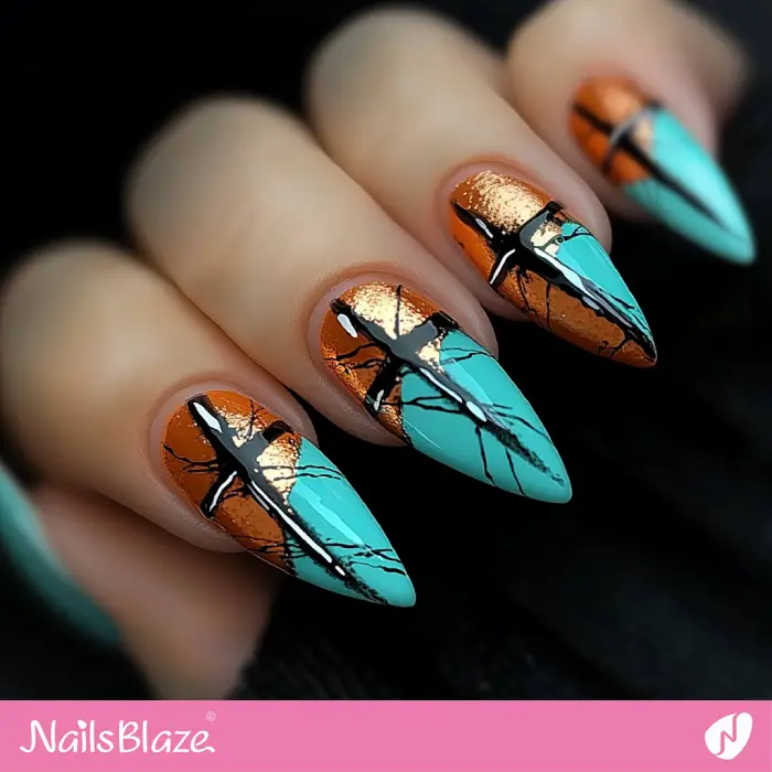 Blue and Gold Nails with Cross | Nails with a Cross - NB6573