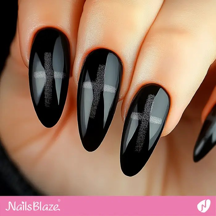 Black Almond Nails with White Cross | Nails with a Cross - NB6574