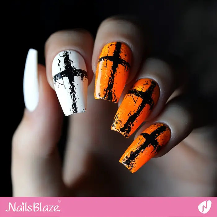 Cross Theme Orange and White Nails | Nails with a Cross - NB6563