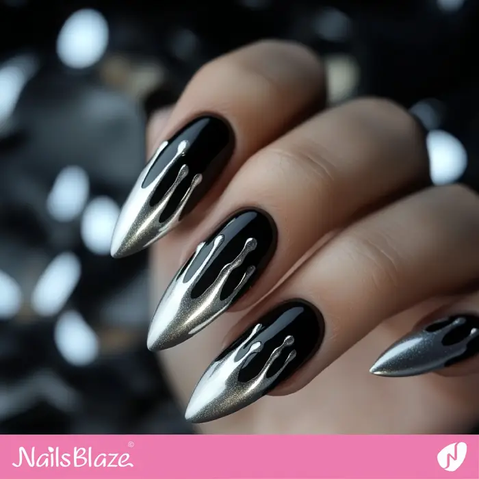 Dark Nails Silver Drip Design | Dark Nails - NB6590