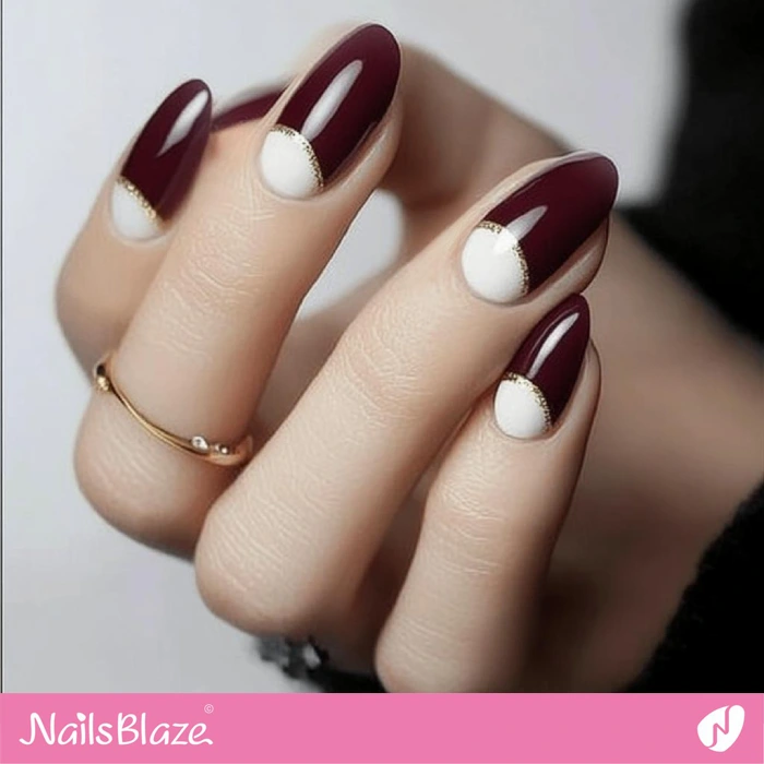 Dark Maroon Nails with Half-Moon Design | Half-Moon Nails - NB5557