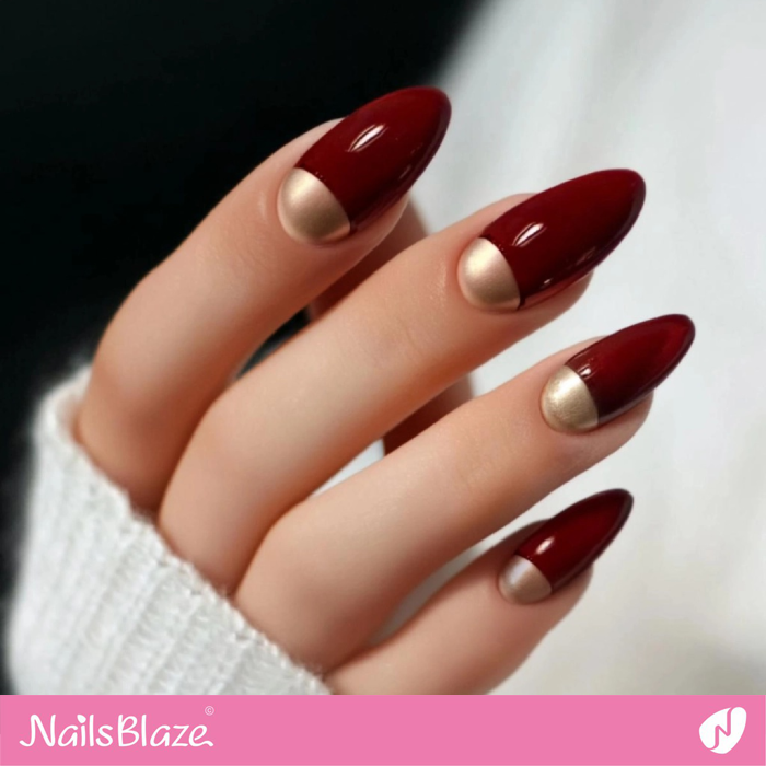 Dark Red Nails with Gold Half-Moon Design | Half-Moon Nails- NB8120