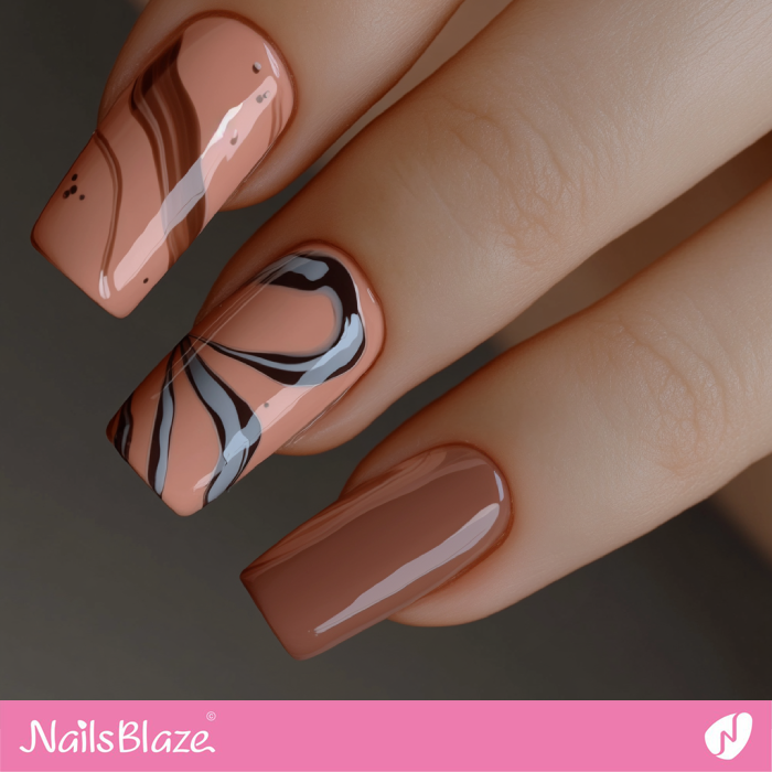 Glossy Mocha Mousse Nails with Abstract Swirls | Color of the Year 2025 - NB6906