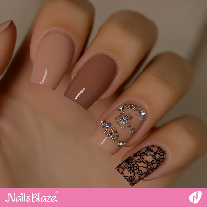 Classy Mocha Mousse Nails Lace and Rhinestone Design | Color of the Year 2025 - NB6927