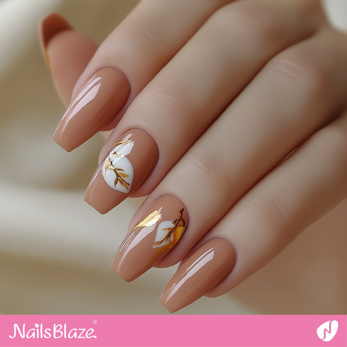 Leaf Design for Classy Mocha Mousse Nails | Color of the Year 2025 - NB6918