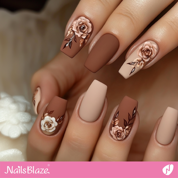 Coffin Mocha Mousse Nails with Rose Flowers | Color of the Year 2025 - NB6938