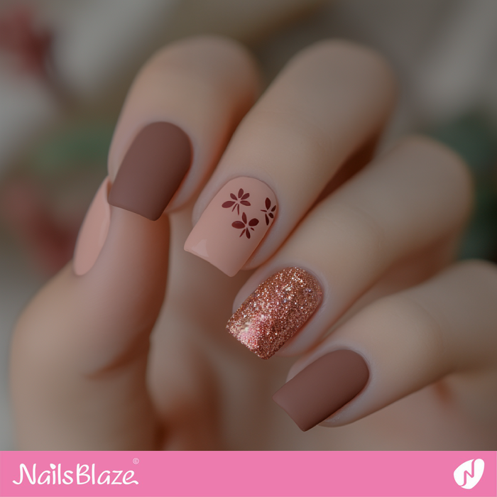 Mocha Mousse Nails Flower and Glitter Accents | Color of the Year 2025 - NB6939