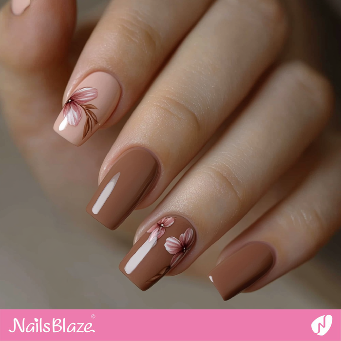 Floral Mocha Mousse Nails with Square Shape | Color of the Year 2025 - NB6940