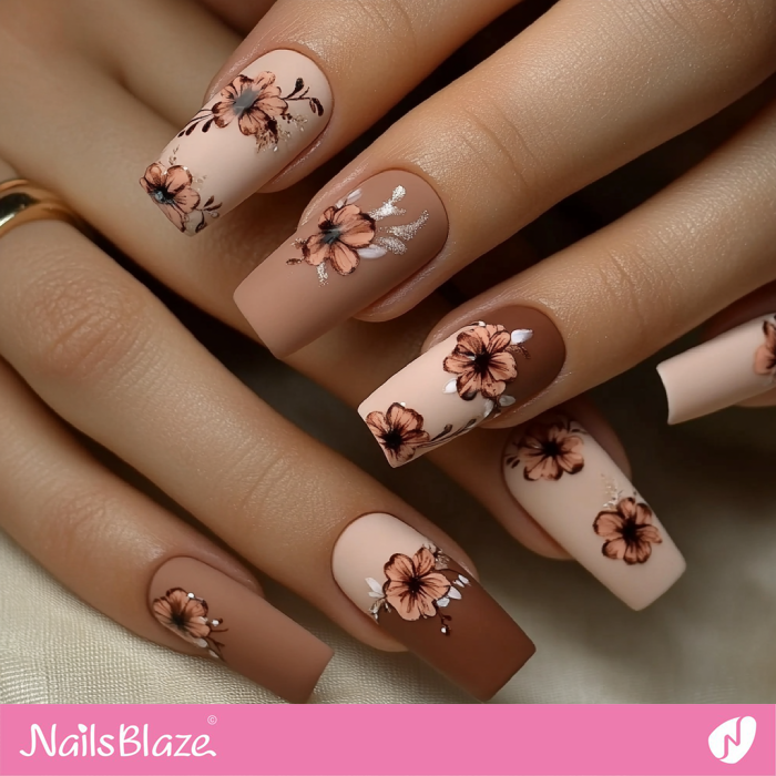 Mocha Mousse Color Shade with Flowers for Nails Design | Color of the Year 2025 - NB6942