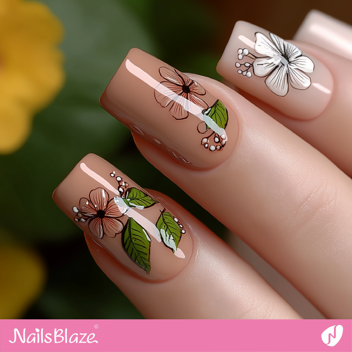 Glossy Mocha Mousse Nails Flower Design | Color of the Year 2025 - NB6930