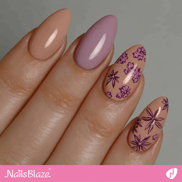 Mocha Mousse Nails with Purple Flower Accents | Color of the Year 2025 - NB6931