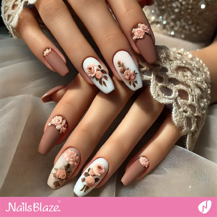 Mocha Mousse Nails 3D Flower Design | Color of the Year 2025 - NB6932