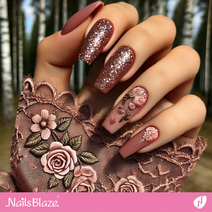 Mocha Mousse Glitter and Floral Nails Design | Color of the Year 2025 - NB6959