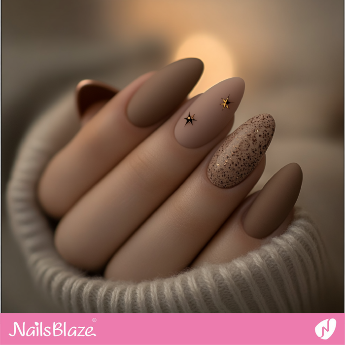 Glitter and Star Design for Matte Mocha Mousse Nails | Color of the Year 2025 - NB7052