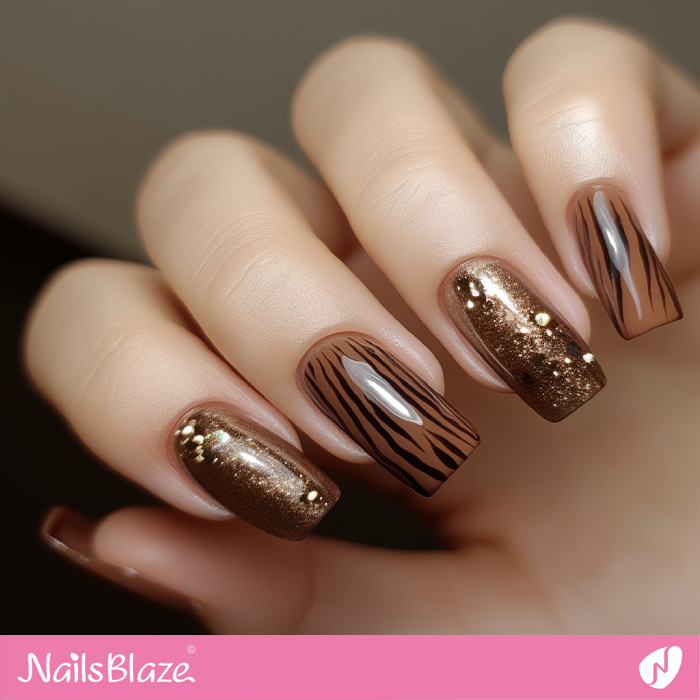 Mocha Mousse Glitter and Zebra Print Nails Design | Color of the Year 2025 - NB6961