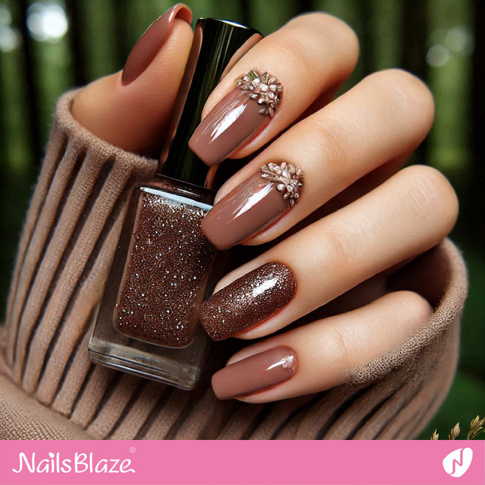 Mocha Mousse Glitter Nails with Decorations | Color of the Year 2025 - NB6963