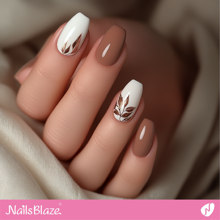 Mocha Mousse and White Nails with Leaf Design | Color of the Year 2025 - NB7054