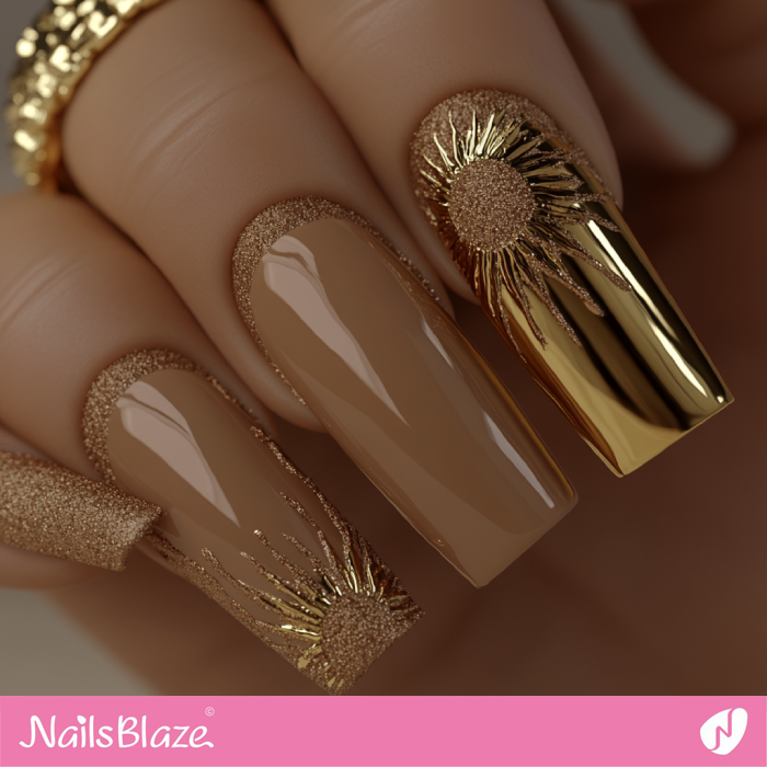 Luxury Mocha Mousse Nails with Gold Sun | Color of the Year 2025 - NB6984