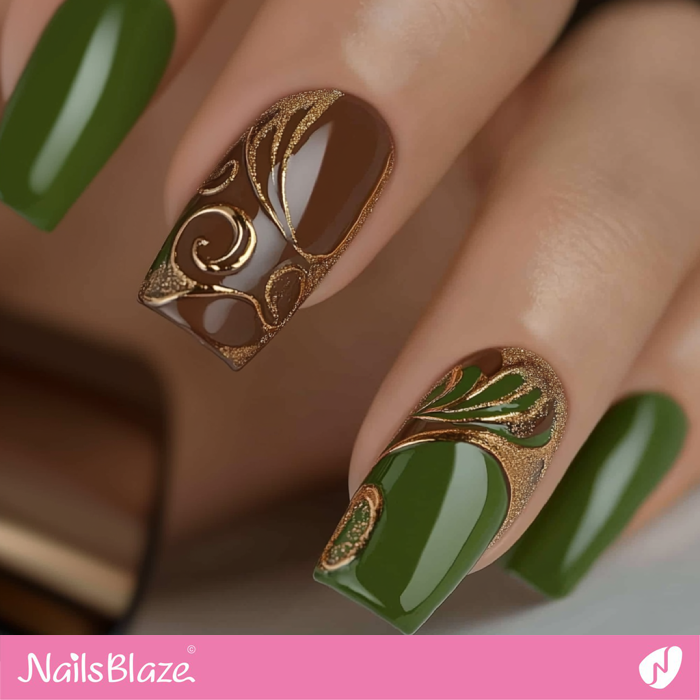 Luxury Mocha Mousse and Green Nails Design | Color of the Year 2025 - NB6988