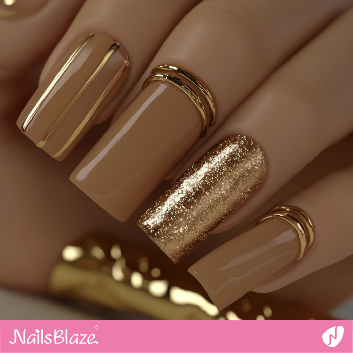 Luxury Mocha Mousse Nails with Gold Design | Color of the Year 2025 - NB6994