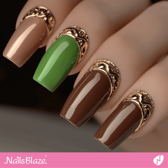 Luxury Mocha Mousse Nails with Gold Reverse French | Color of the Year 2025 - NB6979