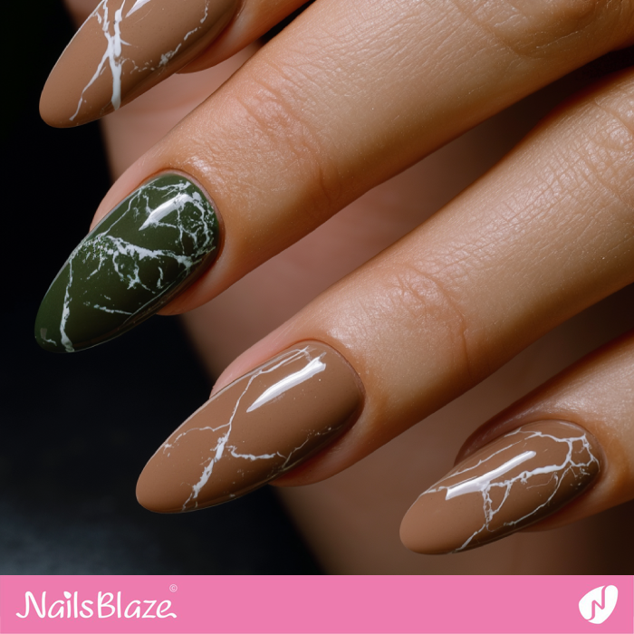 Mocha Mousse Marble for Almond Nails with Green Accent | Color of the Year 2025 - NB7009