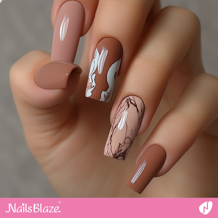 Square Mocha Mousse Marble Nails | Color of the Year 2025 - NB7003