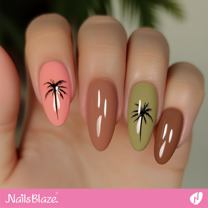 Palm Design for Mismatched Mocha Mousse Nails | Color of the Year 2025 - NB7056