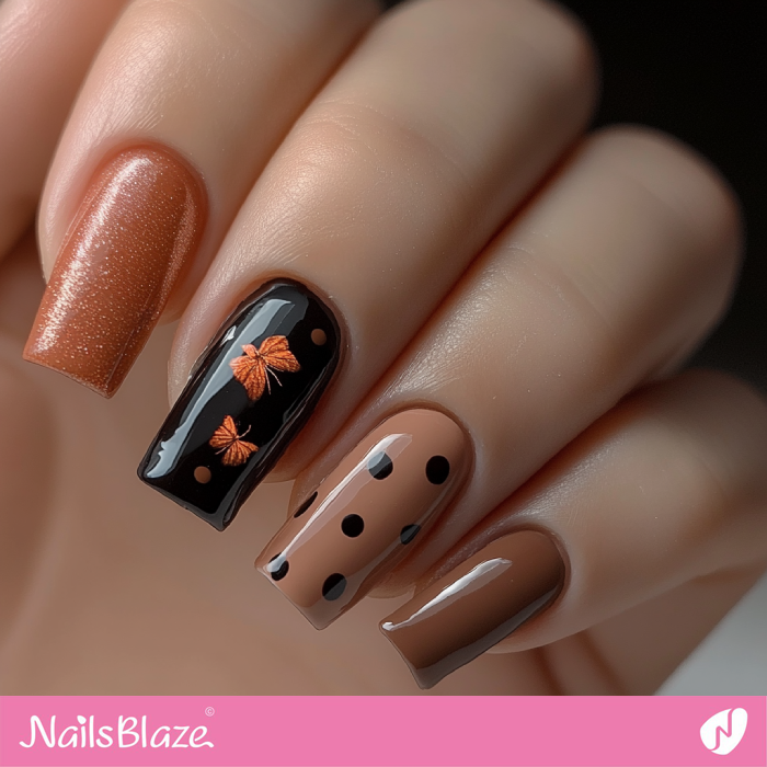 Polka Dot and Butterfly Design for Mocha Mousse Nails | Color of the Year 2025 - NB7032