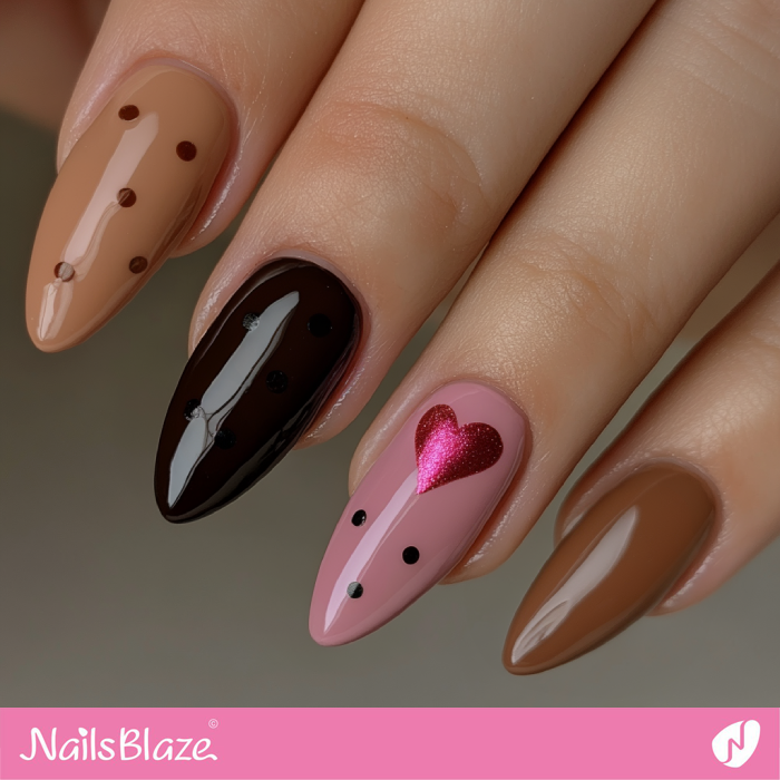 Mocha Mousse Polka Dot Nails with a Heart | Color of the Year 2025 - NB7035