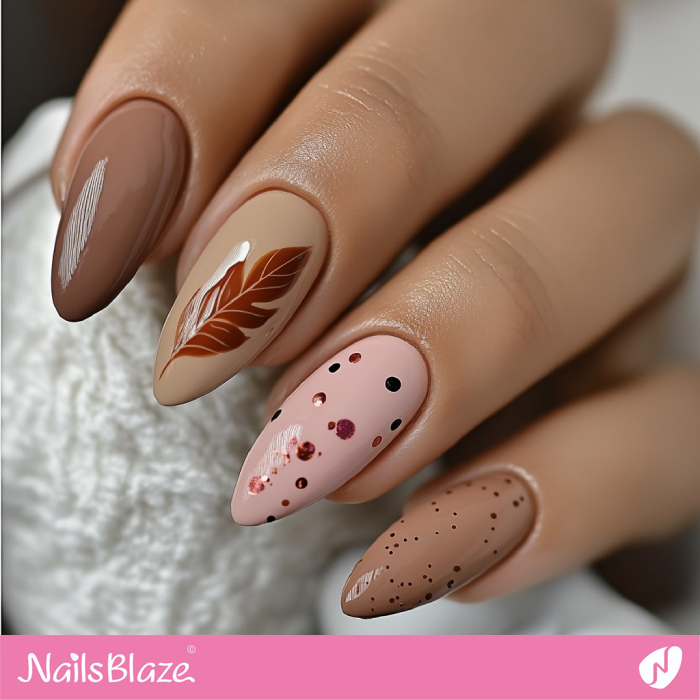 Polka Dot Mocha Mousse Nails with a Leaf | Color of the Year 2025 - NB7039