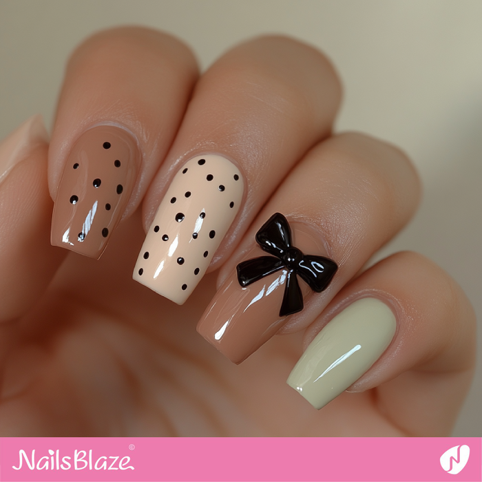 Polka Dot Mocha Mousse Nails with a Bow | Color of the Year 2025 - NB7031