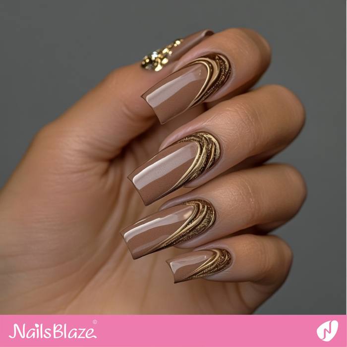 Gold 3D Swirl Design for Mocha Mousse Nails | Color of the Year 2025 - NB7048