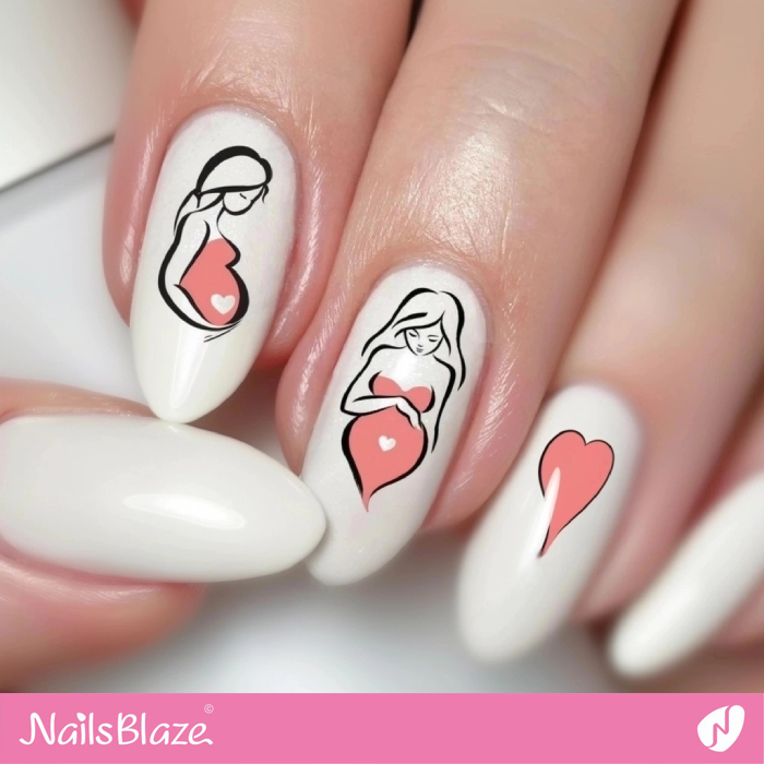 White Manicure with a Simple Pregnant Woman & Heart | Mother's Day Nails- NB8169