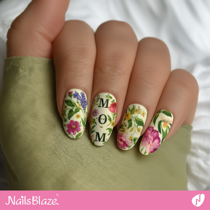 Floral Pattern Nails with the Word Mom | Mother's Day Nails- NB8170