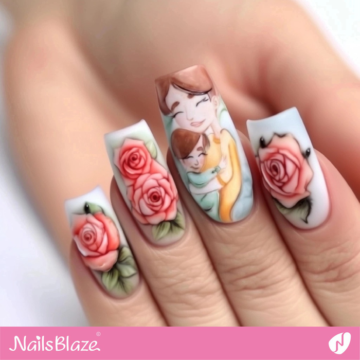 Rose Nails Design with Mother and Child Accent | Mother's Day Nails- NB8171