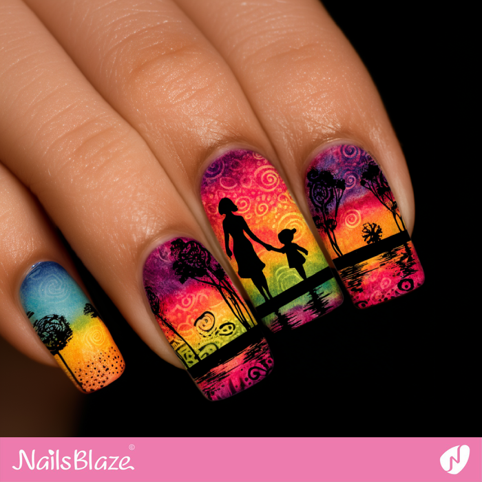 Silhouettes of a Mother and Child with Sunset Scene Nail Art | Mother