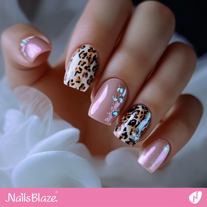 Short Mismatched Blush Pink Nails with Leopard Print Accents | Anna Customized Nail Designs- NB7264