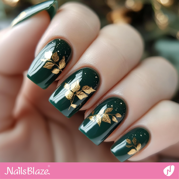 Glossy Forest Green Nails with Gold Leaf Accents | Brieanna Customized Nails- NB7768