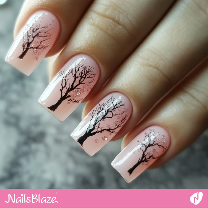 Pink Nails with Delicate Tree Silhouettes | Brieanna Customized Nails- NB7769