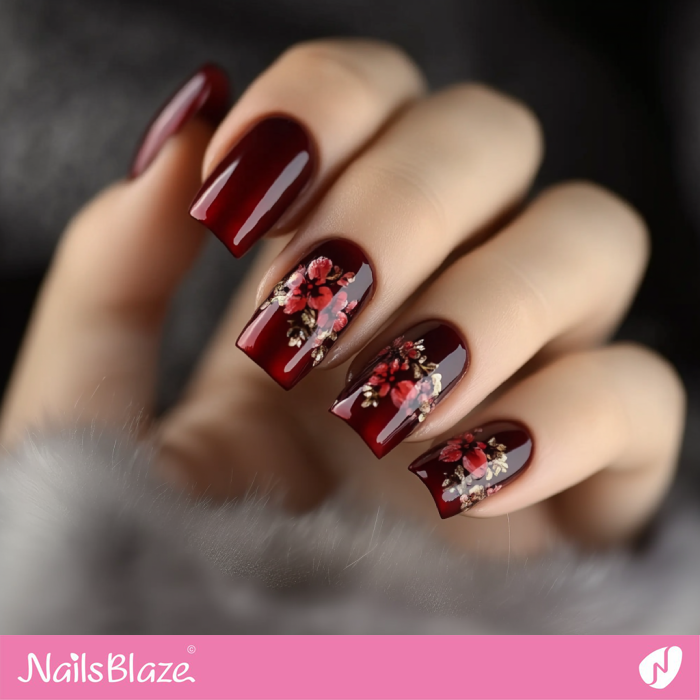 Dark Red Nails with Sophisticated Floral Look | Brieanna Customized Nails- NB7771