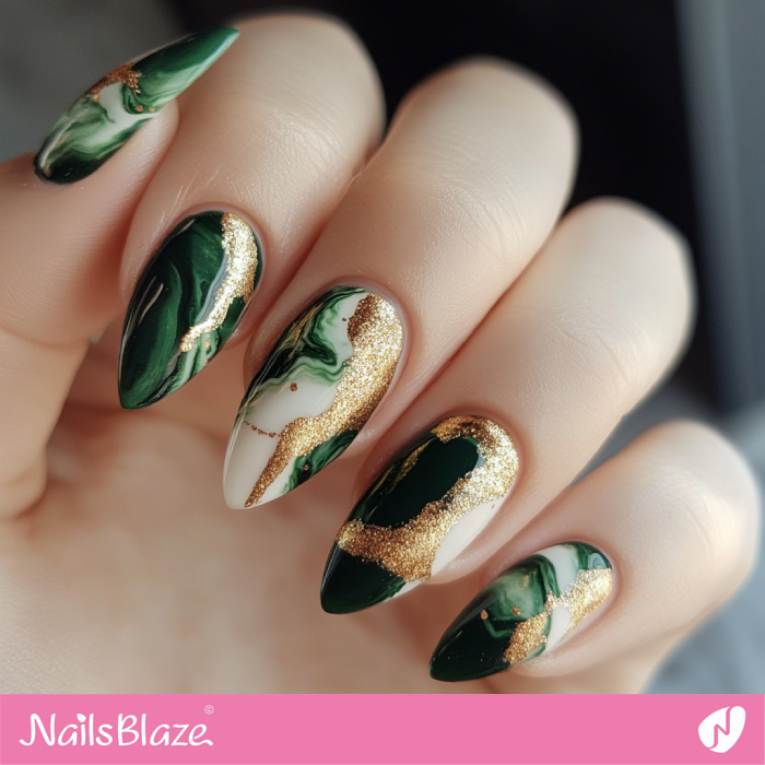 Almond-Shaped Nails with Green and Gold Marble Design | Brieanna Customized Nails- NB7772