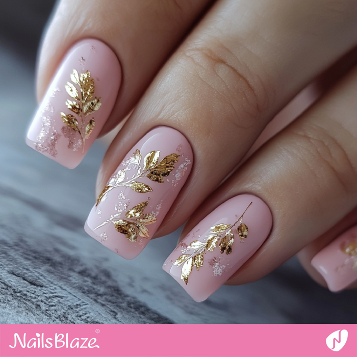 Gold Leaf Design Design for Pink Base Nails | Brieanna Customized Nails- NB7774