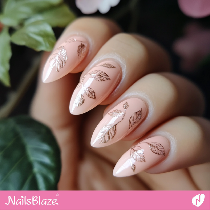 Peach Pink Nails with Subtle Leaf Imprints | Brieanna Customized Nails- NB7775